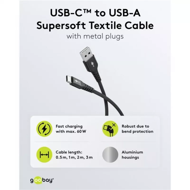 Goobay USB-C Kabel Fabric Supersoft mit Metallsteckern, 2 m, Schwarz (2m, USB 2.0, 60W), USB-Kabel