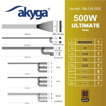 Akyga Ultimate AK-U4-500 ATX-Netzteil 500 W, 80 PLUS Bronze, aktive PFC, 120-mm-Lüfter