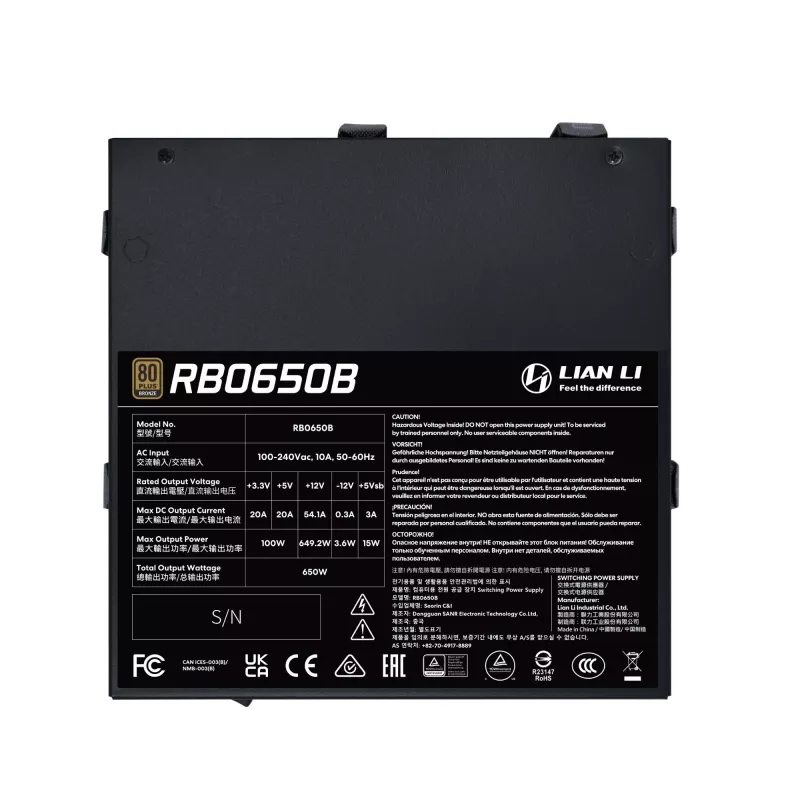 Netzteil Lian Li RB0650B.B 650 W ATX 24-Pin, 80 PLUS Bronze, 135 mm Lüfter, schwarz