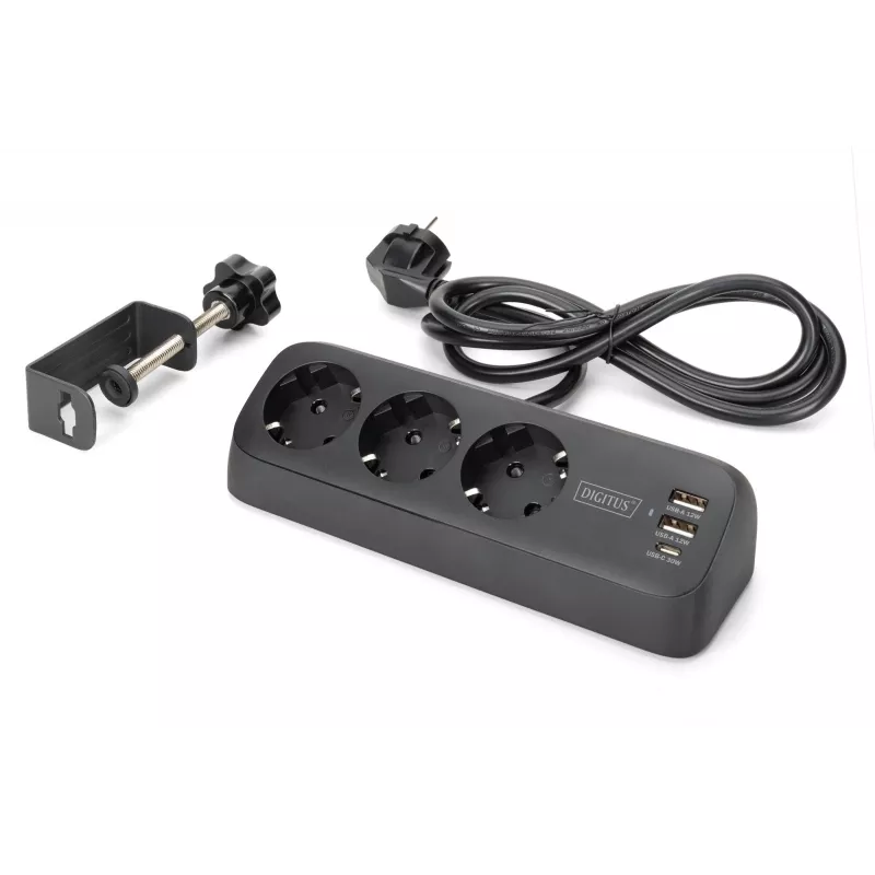 Mehrfachsteckdose DIGITUS 3-fach mit 2×USB-A & 1×USB-C, 3 AC-Steckdosen Typ E/F, 1,5 m Kabel, schwarz