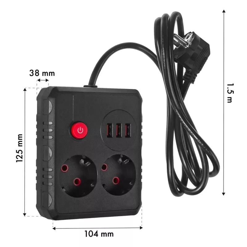 Steckdosenleiste MACLEAN MCE387 B — 2 Steckdosen, 3×USB A, 110–240 V, 1,5 m Kabel, max. 2500 W
