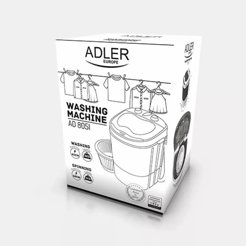 Adler | AD 8051 | Waschmaschine | Energieeffizienzklasse | Toplader | Waschkapazität 3 kg | Unbestimmte U/min | Tiefe 37 cm | Breite 38 cm | Weiß/Blau