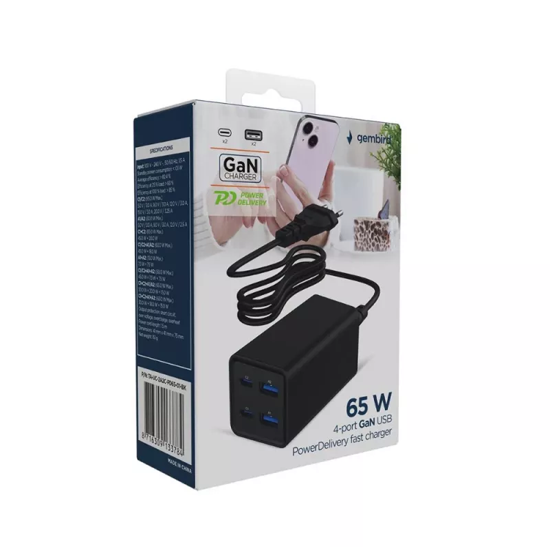 Gembird TA-UC-2A2C-PD65-01-BK Ladegerät für Mobilgeräte Laptop, Smartphone Schwarz AC Schnellladen Indoor