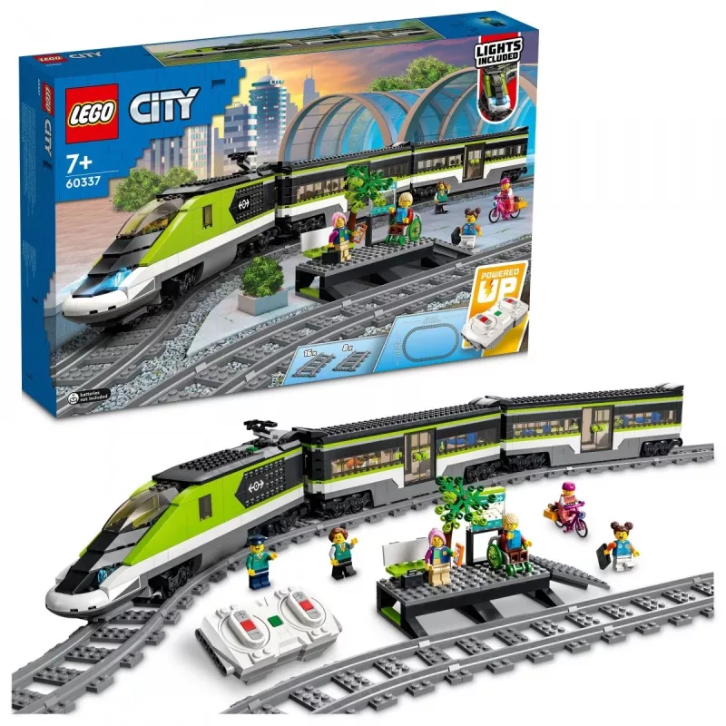 LEGO 60337 City Express Personenzug Set ferngesteuertes Spielzeug Geschenk für Kinder Jungen und Mädchen mit funktionierenden Scheinwerfern 2 Waggons und 24 Schienenteilen