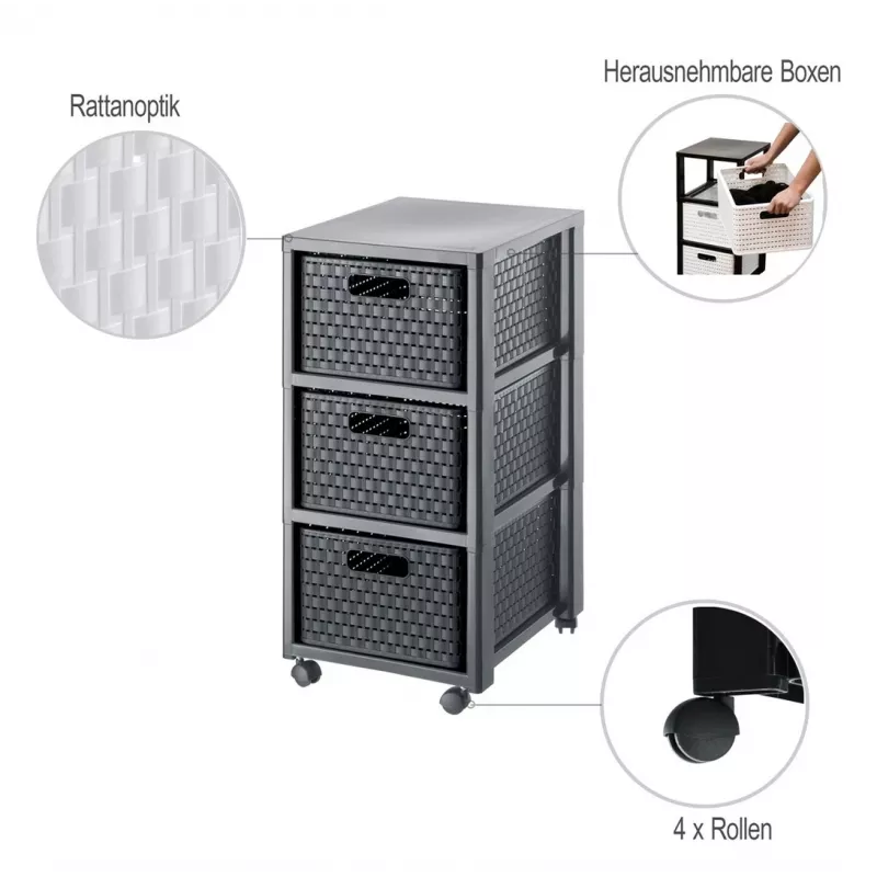 Aufbewahrungseinheit mit Schubladen Rotho Country 3 Schubladen Anthrazit Polypropylen 325×375×712 mm mit Rollen