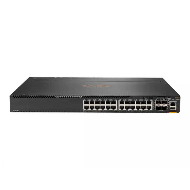HPE Aruba 6300M - Switch - L3 - managed - 24 x 10/100/1000 + 4 x 1 Gigabit / 10 Gigabit / 25 Gigabit / 50 Gigabit SFP56 (Uplink / Stacking) - Front und Seite zu Hinterseite - an Ra