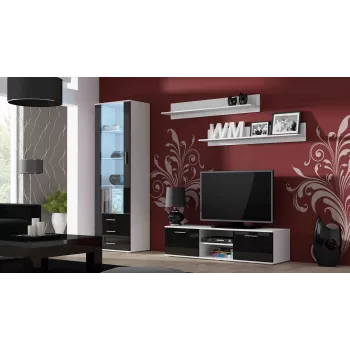 TV-Ständer cama meble SOHO 140 – 1400×430×370 mm, weiße Oberseite, Spanplatte, weißer Rahmen, schwarze Hochglanzfronten