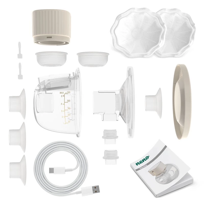 Elektronische kabellose Milchpumpe neno VENTO Three-Phase, wiederaufladbar, tragbar, LCD-Anzeige, 150 ml Flasche, BPA-frei, beige