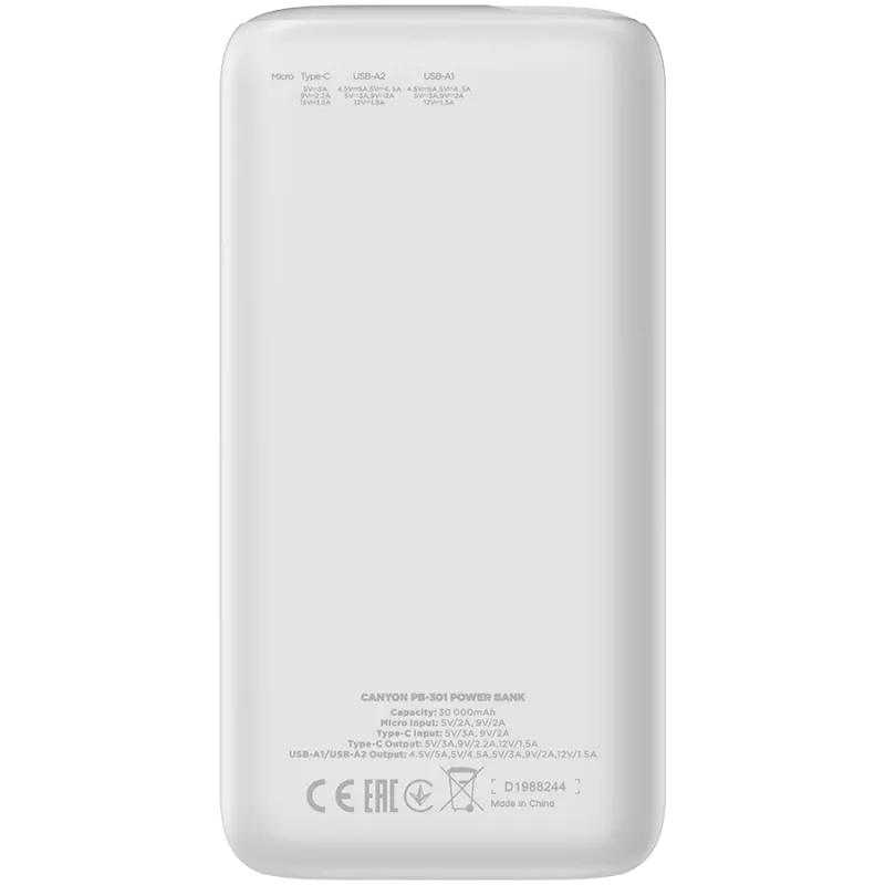 CANYON Powerbank PB-301 LED 30000 mAh PD 20W QC 3.0 Weiß