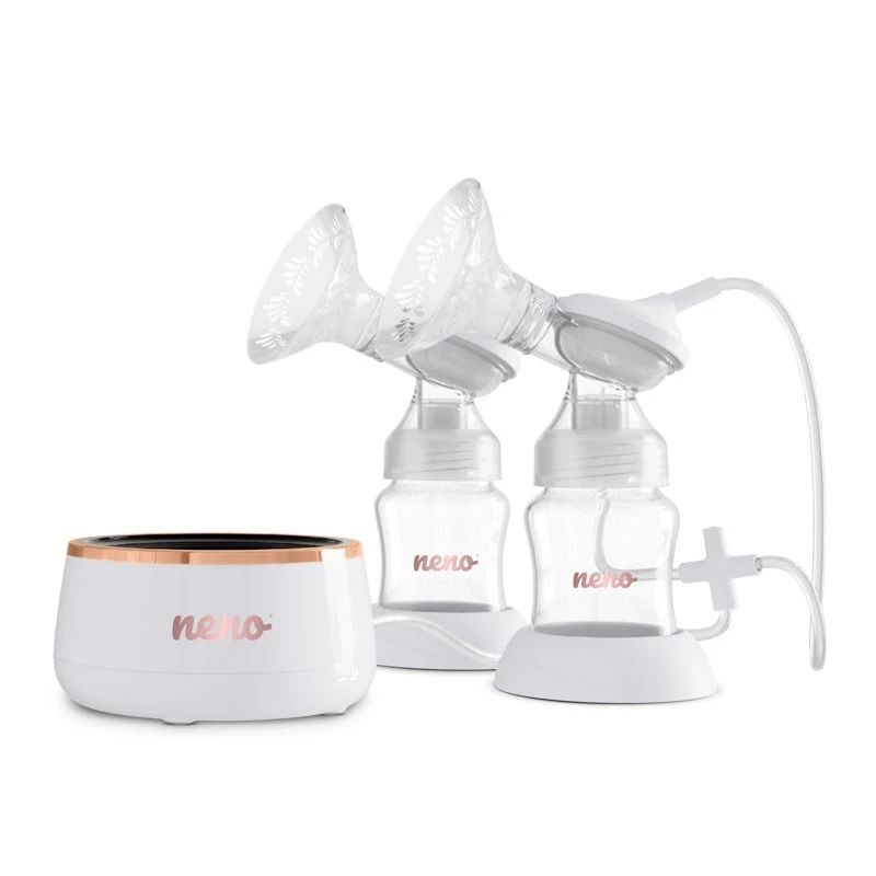 Elektrische Doppel-Milchpumpe neno Bella Twin Moon – kabellos, zweiphasig, LCD, 150 ml Flaschen, Perlmutt
