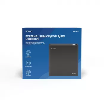 Externes schlank-DVD±RW-Laufwerk SAVIO AK-43, USB 2.0, schwarz, unterstützt CD-/DVD-Lesen/Schreiben (24x CD, 8x DVD)
