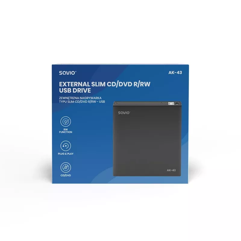 Externes schlank-DVD±RW-Laufwerk SAVIO AK-43, USB 2.0, schwarz, unterstützt CD-/DVD-Lesen/Schreiben (24x CD, 8x DVD)