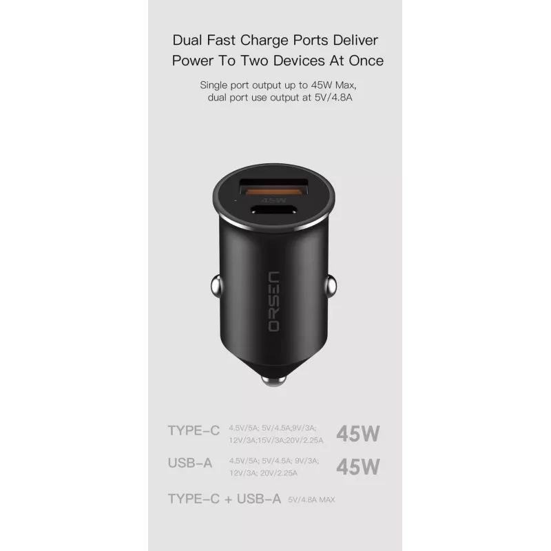 Autoladegerät Orsen C8 45W — 45W USB-C PD Schnellladen, Schwarz