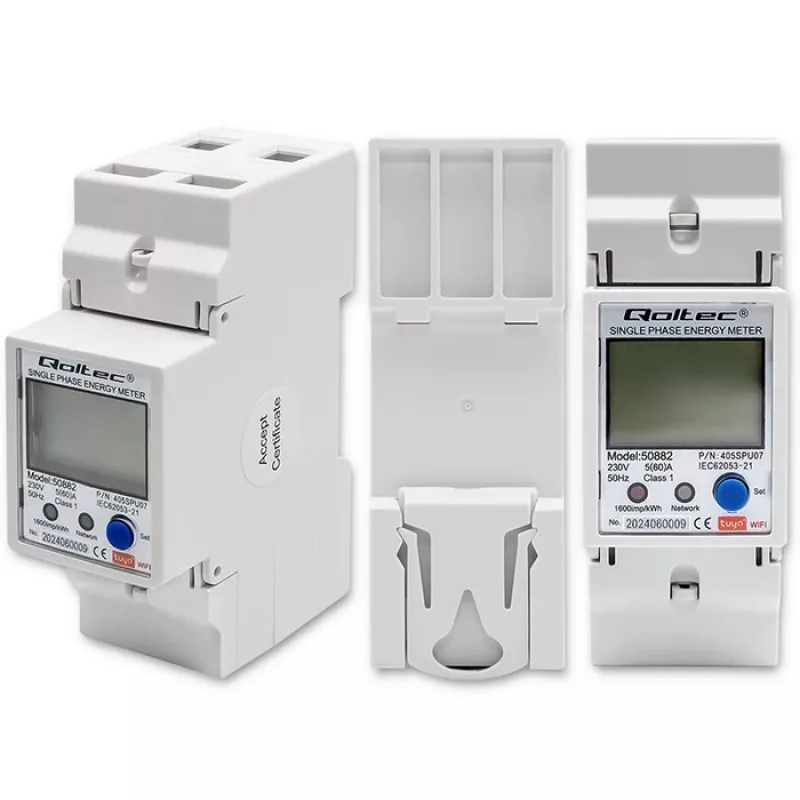 Qoltec 50882 Einphasiger elektronischer Energieverbrauchszähler für Hutschiene | Wi-Fi | TUYA | 230V | LCD