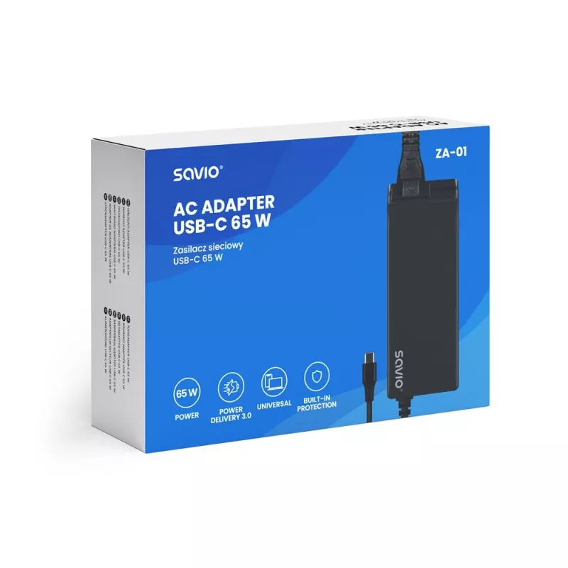 Innenbereich-AC-Ladegerät SAVIO ZA-01, 65W USB‑C PD 3.0, 100–240V Eingang, einzelner Anschluss, schwarz