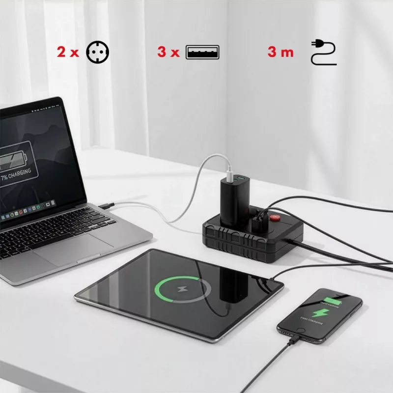 Steckdosenleiste MACLEAN MCE388 B — 2 AC-Steckdosen, 3×USB A, 110–120 V 50/60 Hz, 2500 W, 3 m Kabel, schwarz