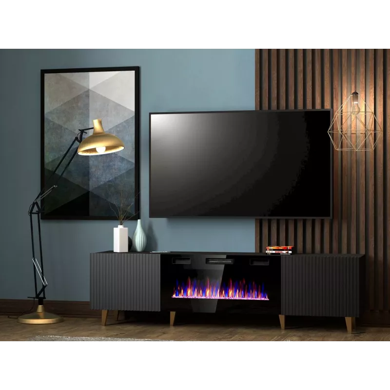 TV-Schrank Cama Meble PAFOS EF mit elektrischem Kamin 180x42x49 cm, schwarz matt, 2 Türen, 1400–1600 W