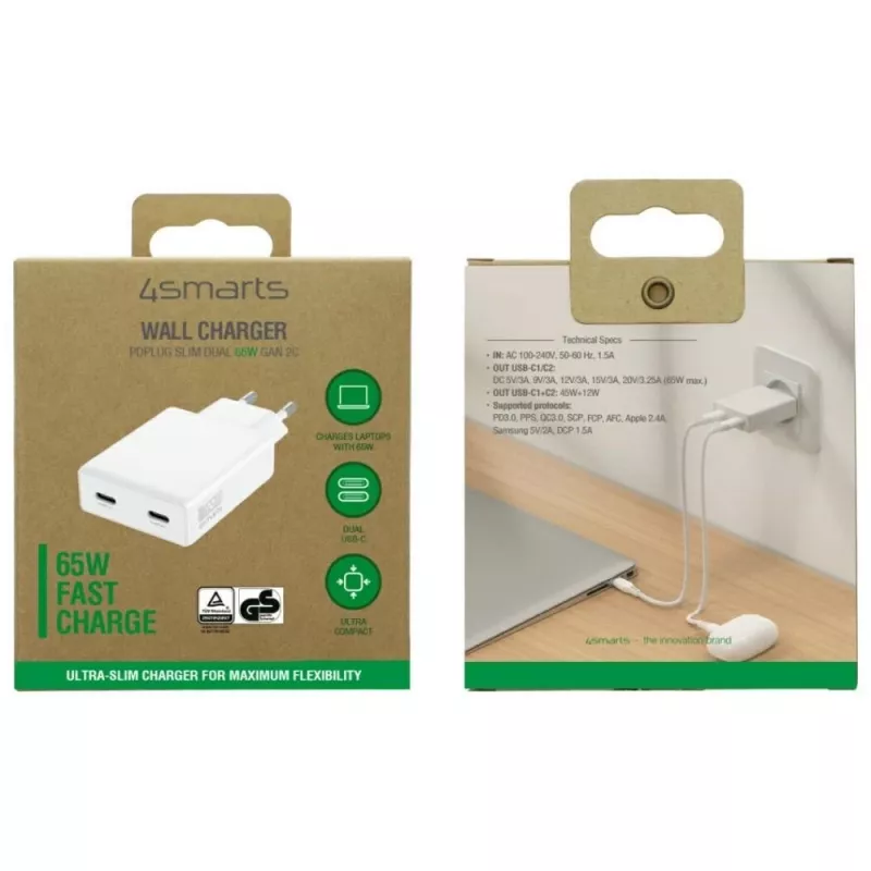 Charger PDPlug Dual 65W GaN 2xUSB-C weiß