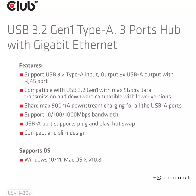 USB-Hub CLUB3D USB 3.2 Gen1 Type-A mit 3 Anschlüssen und Gigabit-Ethernet