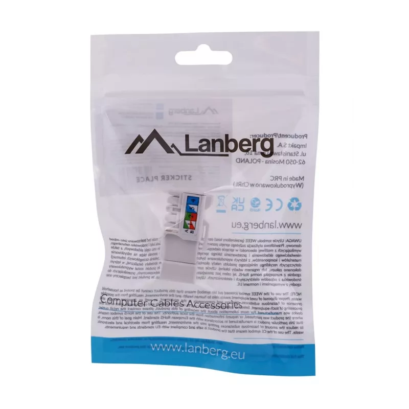 Keystone-Modul LANBERG KSU6-1090, Cat6 U/UTP flach, RJ-45 Stecker auf LSA-Buchse, AWG 22/26, 14.5×16.1 mm, weiß