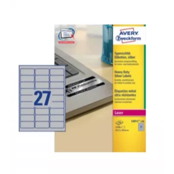 Avery Durable Heavy Duty L6011 - Polyester - dauerhaft klebend - Silber - 63,5 x 29,6 mm 2700 Etiketten (100 Blatt x 27) Etiketten (L6011-100)
