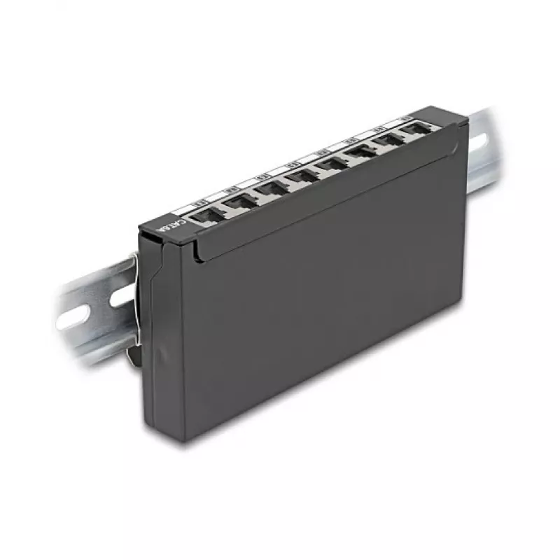 Patchpanel DELOCK Mini Desktop RJ45 8-Port Cat.6A geschirmt schwarz für Tisch, Wand oder Hutschiene