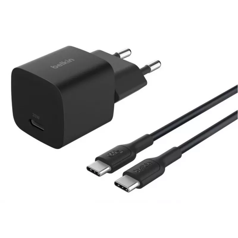 AC Indoor-Ladegerät Belkin BoostCharge 25 W USB-C PD/PPS, 1 m Kabel, Schwarz — für Spielekonsolen, Smartphones, Tablets