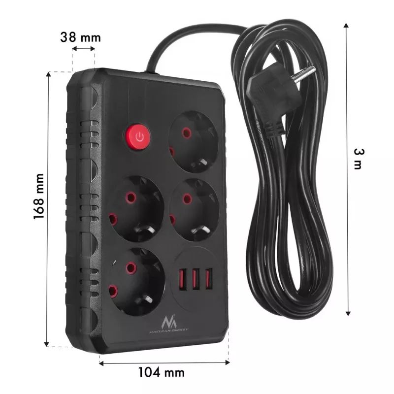 Steckdosenleiste MACLEAN MCE393 B — 4 Steckdosen, 3×USB, 110–240 V, 2500 W, 3 m Kabel, schwarz