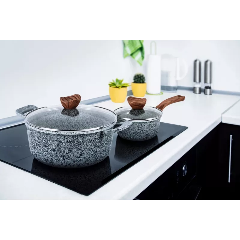 PROMIS Granit-Topfset, Kochtopf 16 cm, Töpfe 20, 24, 28 cm, braune Griffe