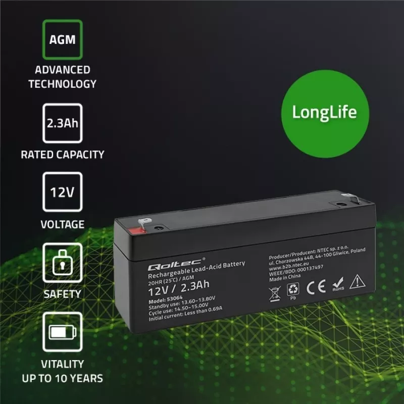 Versiegelte AGM-Batterie QOLTEC 12V 2,3Ah für USV- und Backup-Systeme, max. Entladung 34,5A