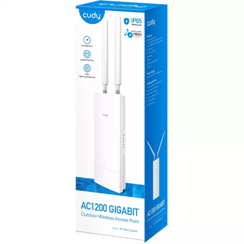 Access Point Cudy AP1300 Outdoor — Dualband 2,4/5 GHz, 300/867 Mbit/s, IP65, PoE, 2 externe RP‑SMA-Antennen