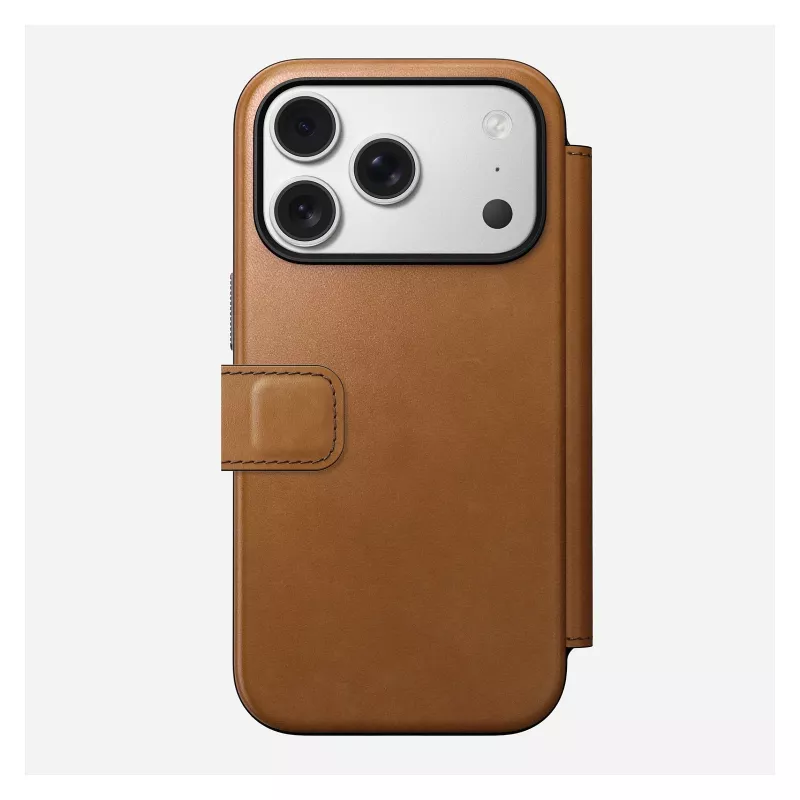 Folio-Hülle Nomad Modern Leather Folio für iPhone 17 Pro, Leder + Aluminium, 6,3 Zoll (16 cm), Tan, 3 Kartenfächer