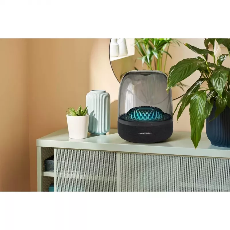 Tragbarer kabelloser Lautsprecher Harman/Kardon Aura Studio 4 — 100 W, 3 Treiber, 45–20000 Hz, Schwarz/Transparent