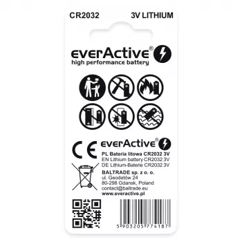 Lithium-Knopfzelle everActive CR2032 — 3V, 20 mm, 2 Stück Blisterpackung
