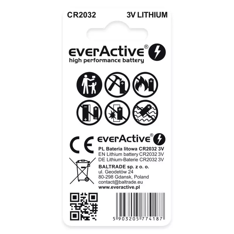 Lithium-Knopfzelle everActive CR2032 — 3V, 20 mm, 2 Stück Blisterpackung
