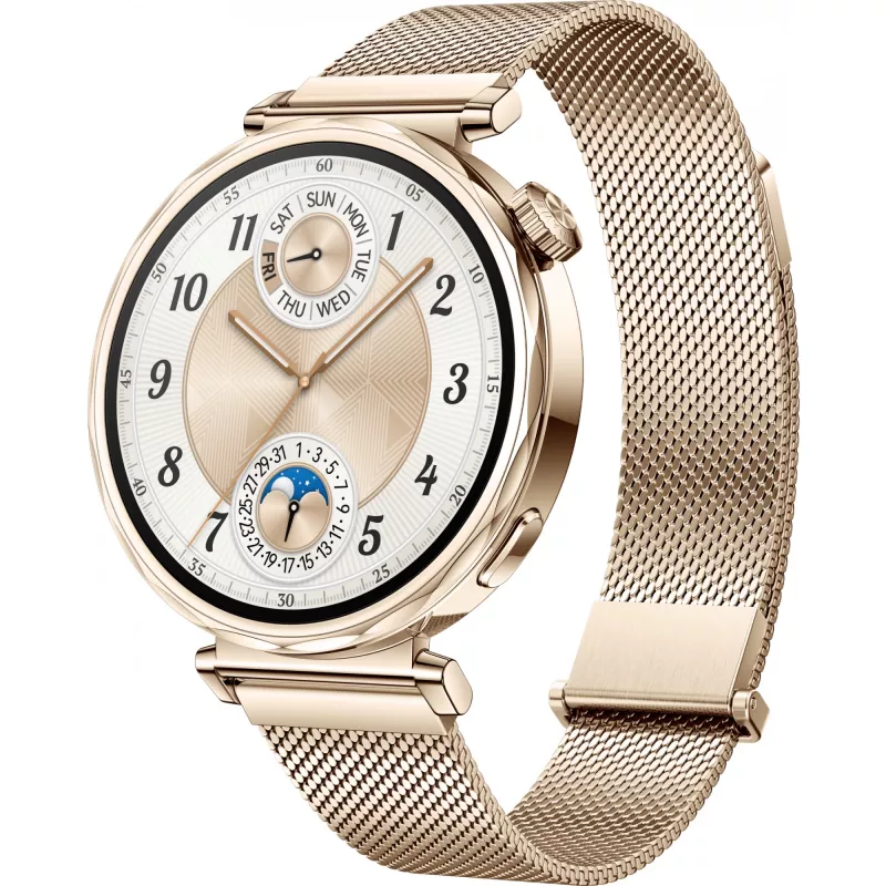 Smartwatch HUAWEI WATCH GT5 41 mm – 1,32 Zoll AMOLED, 466×466, 323 mAh, Edelstahlgehäuse, goldfarbenes Armband