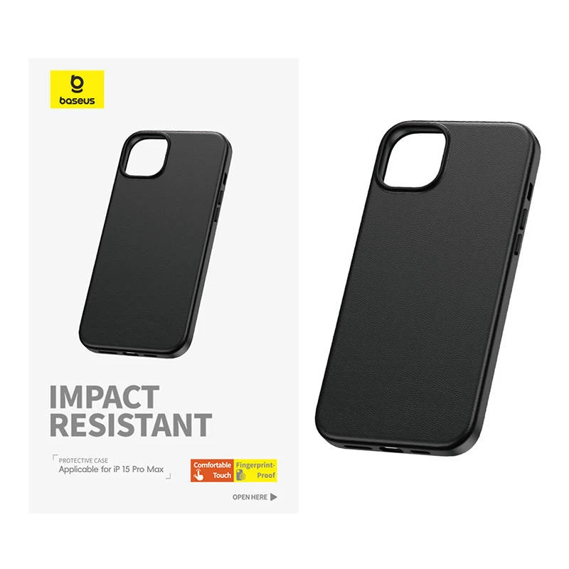 Hülle Baseus iPhone 15 Pro Max Fauxther Series Schwarz — schützende Hartschale, Finish aus Kunstleder