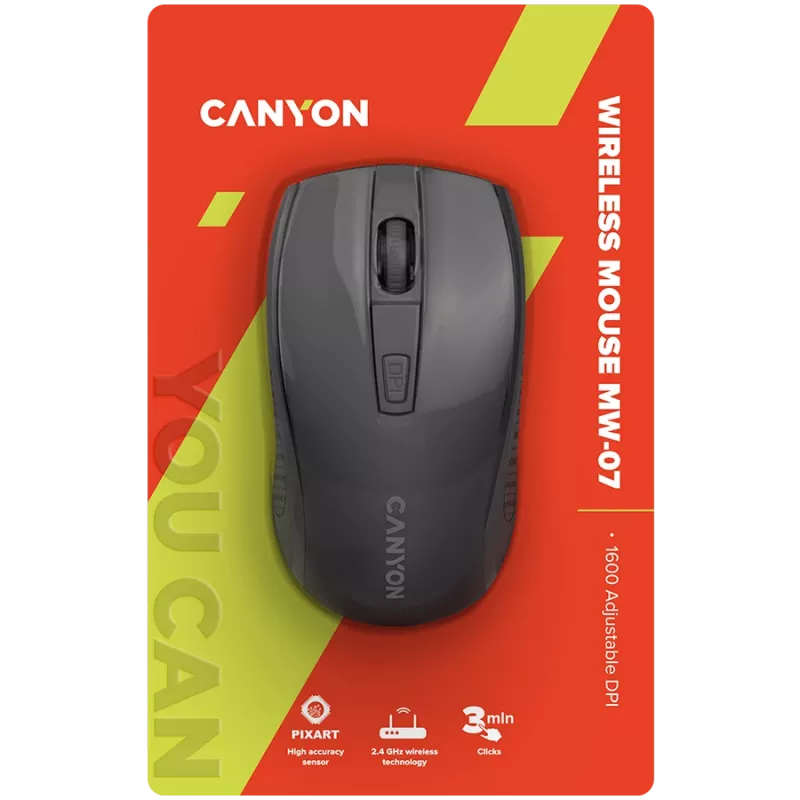 CANYON MW-7, 2,4 GHz kabellose Maus, 6 Tasten, DPI 800/1200/1600, mit 1 AA-Batterie, Größe 110*60*37 mm, 58 g, schwarz