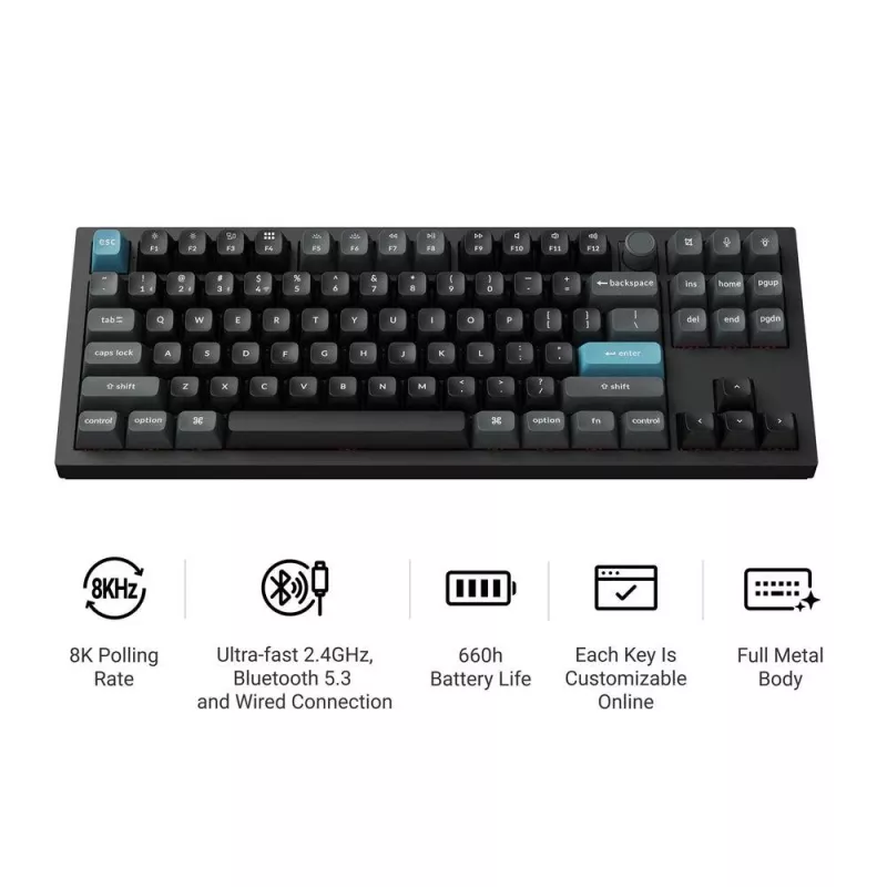 Mechanische Tastatur Keychron Q3 Ultra 8K — 80% QWERTY, kabelgebunden & Bluetooth, RGB, Schwarz