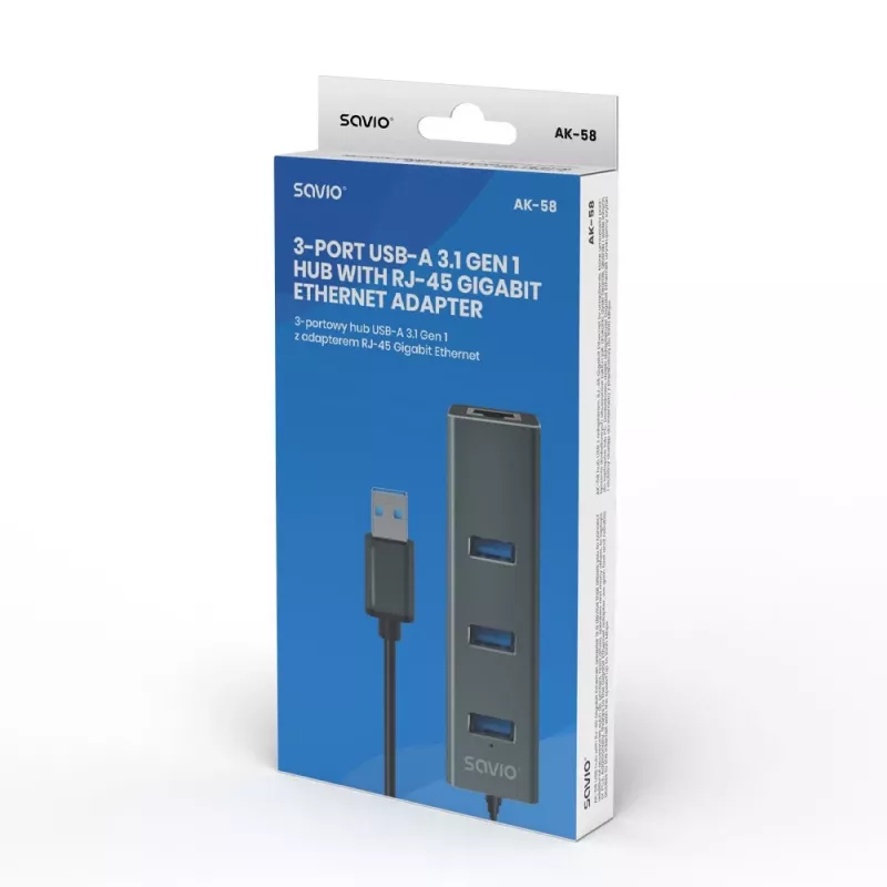 SAVIO USB-A-Hub mit RJ-45 Gigabit Ethernet AK-57 — 3× USB-A + RJ-45, USB 3.2 Gen 1 Micro‑B Host, 5 Gbit/s, 4 Ports, grau
