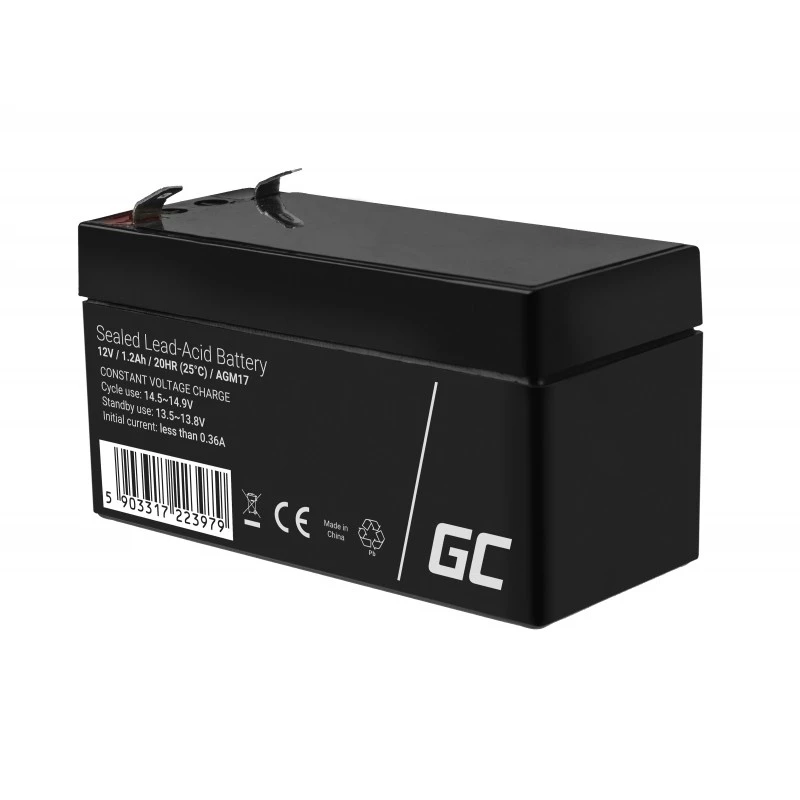 Versiegelte Blei-Säure (VRLA) Batterie Grün Cell AGM17 12 V 1,2 Ah — 52 mm Höhe, 43×97 mm, 0,5 kg