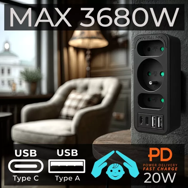 Power-Splitter MACLEAN MCE248 F/B — 3 AC-Steckdosen (1x16A, 2x6A) und 4 USB-Anschlüsse (2xUSB‑A, 2xUSB‑C PD 20W), EU-Stecker, schwarz