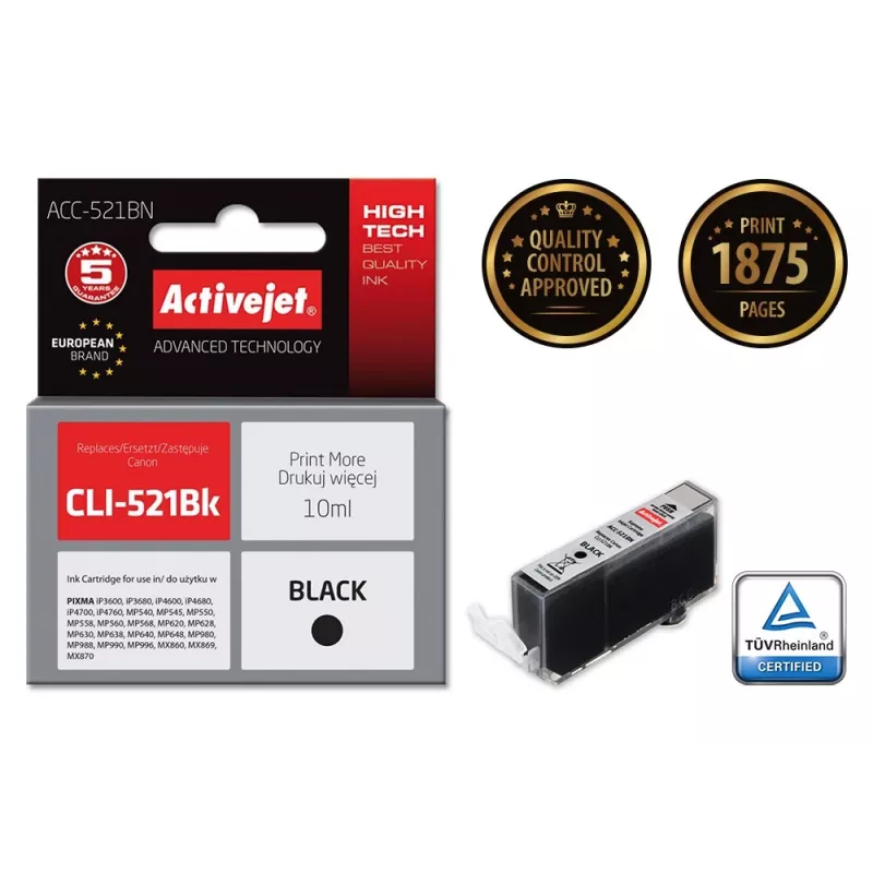 Activejet ACC-521BN Tintenpatrone (Ersatz für Canon CLI-521Bk; Supreme; 10 ml; Schwarz)
