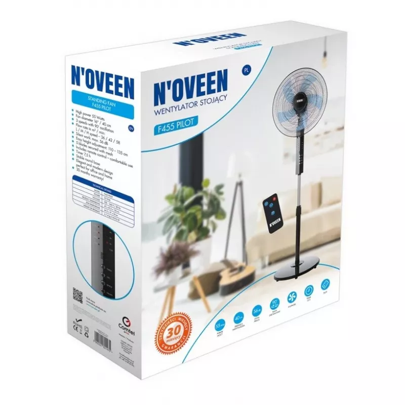 Standventilator NOVEEN F455 40 cm (16 Zoll) mit Fernbedienung, 3 Geschwindigkeiten, Timer, Oszillation, schwarz