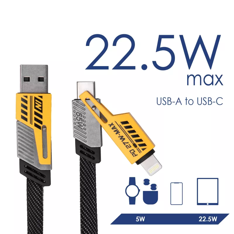 Akyga AK-USB-57 geflochtenes 4-in-1-Kabel USB-A/USB-C auf USB-C/Lightning, USB 2.0, 65 W, 1 m, Grau