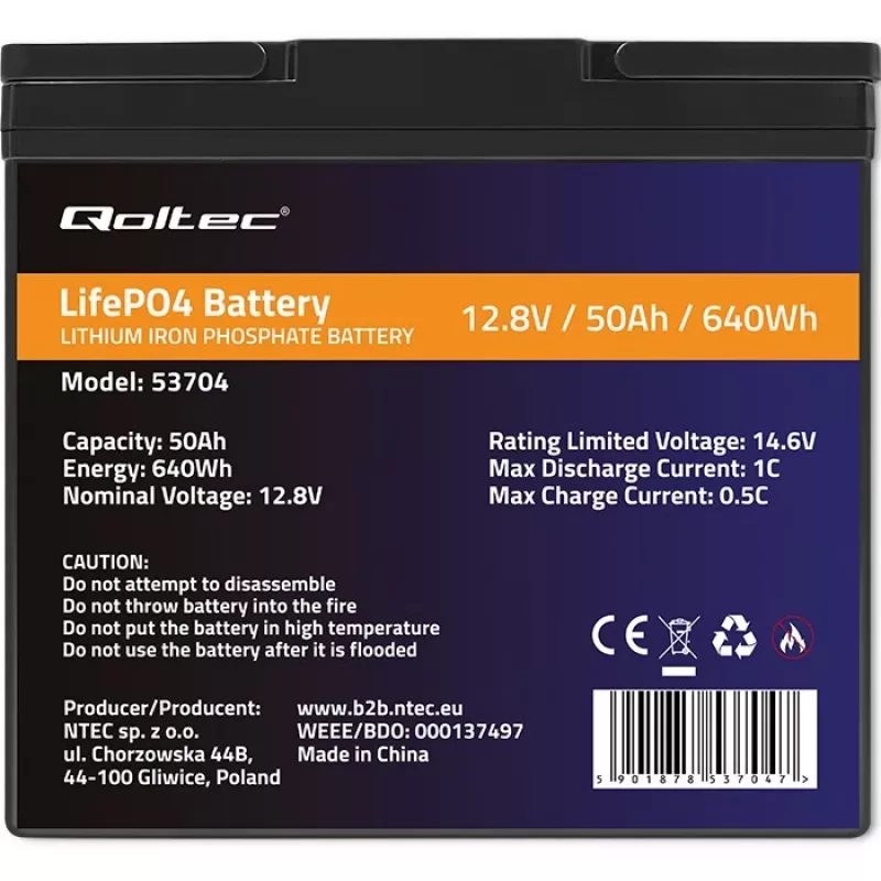 LiFePO4-Batterie QOLTEC 12,8 V 50 Ah (Modell 53704) für Backup und Energiespeicherung