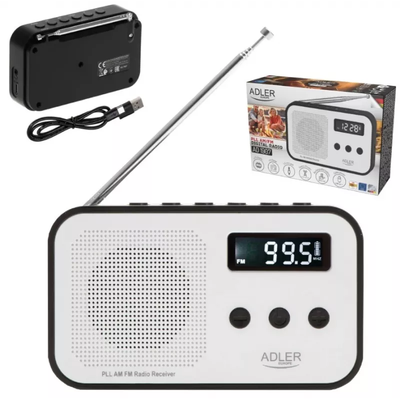 Tragbares Digitalradio Adler AD 1907 — UKW/MW, digitaler Tuner, Wecker, USB-C, 600 mAh Akku, LCD, 20 Senderspeicher, Teleskopantenne
