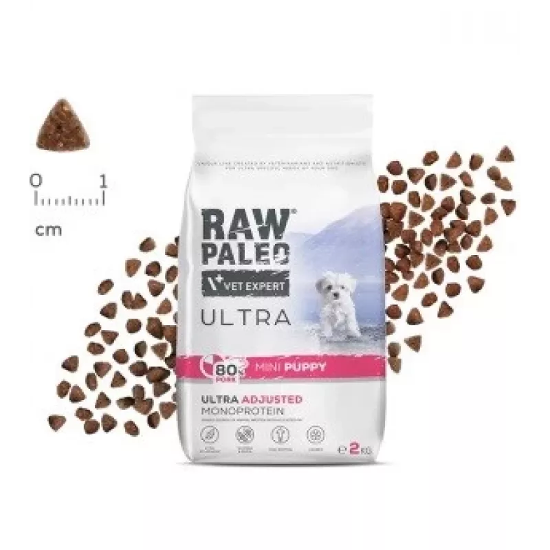 Trockenfutter VETEXPERT RAW PALEO Ultra Mini Puppy Pork 2 kg — Alleinfuttermittel für Welpen kleiner und kleinster Rassen, 33 % Protein, 19 % Fett