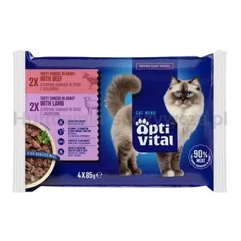 OptiVital Beutel - Alleinfuttermittel für ausgewachsene Katzen. Mit Lamm und Rind 4x85g