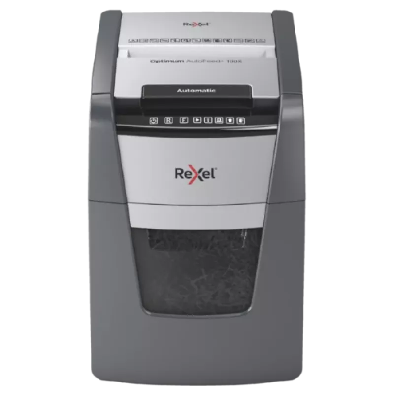 Aktenvernichter REXEL Optimum AutoFeed+ 100X — 100-Blatt automatische Zufuhr, 4 x 28 mm Kreuzschnitt, 34 L Auffangbehälter, Aluminium